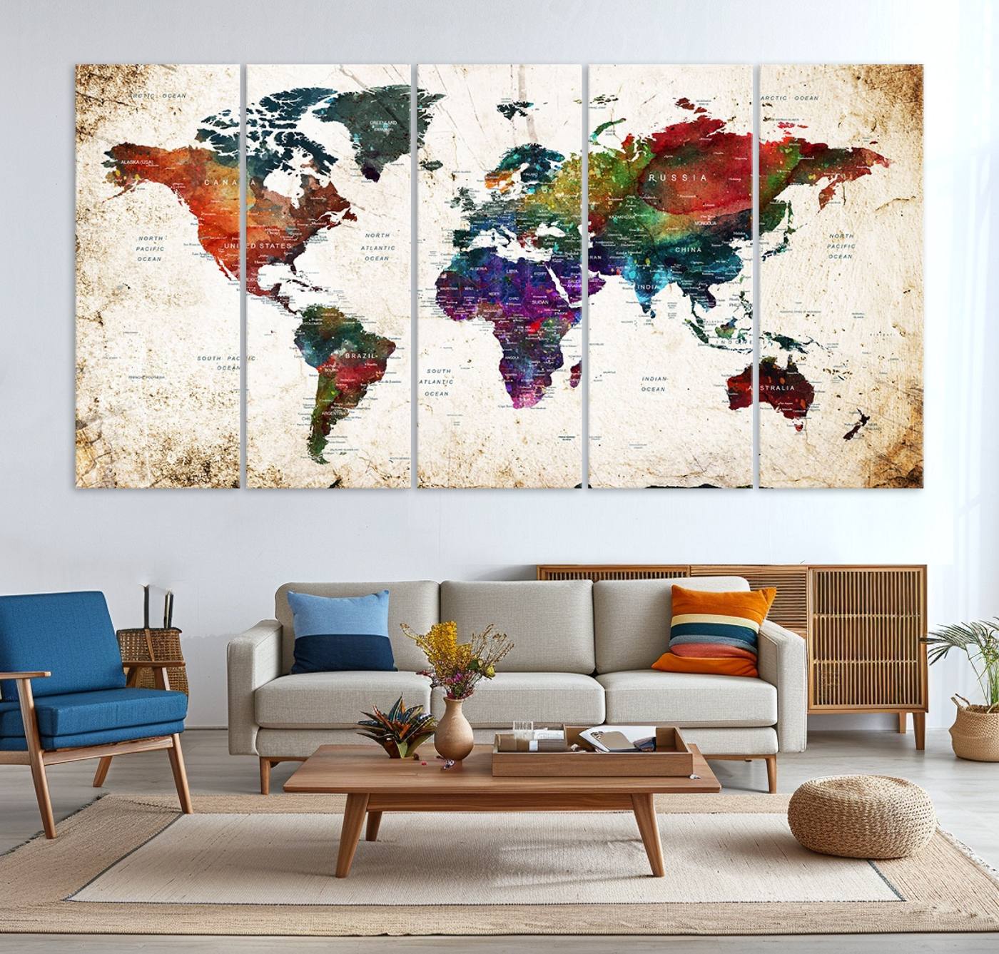 38650-MGV-CV-36X24-Colorful World Map Canvas Wall Art – Framed Watercolor World Map Print, Vibrant Travel Inspired Artwork for Home and Office Decor