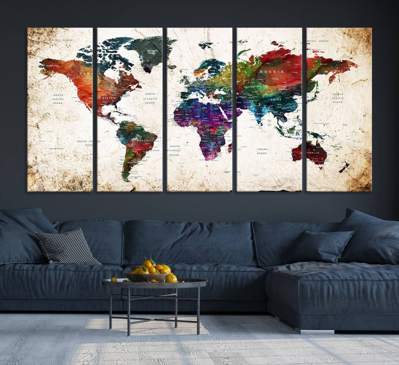 38650-MGV-CV-36X24-Colorful World Map Canvas Wall Art – Framed Watercolor World Map Print, Vibrant Travel Inspired Artwork for Home and Office Decor