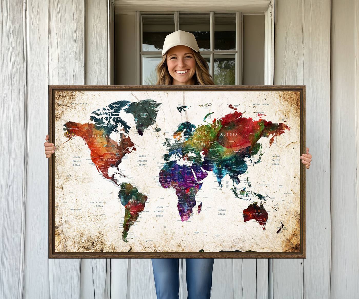 38650-MGV-CV-36X24-Colorful World Map Canvas Wall Art – Framed Watercolor World Map Print, Vibrant Travel Inspired Artwork for Home and Office Decor