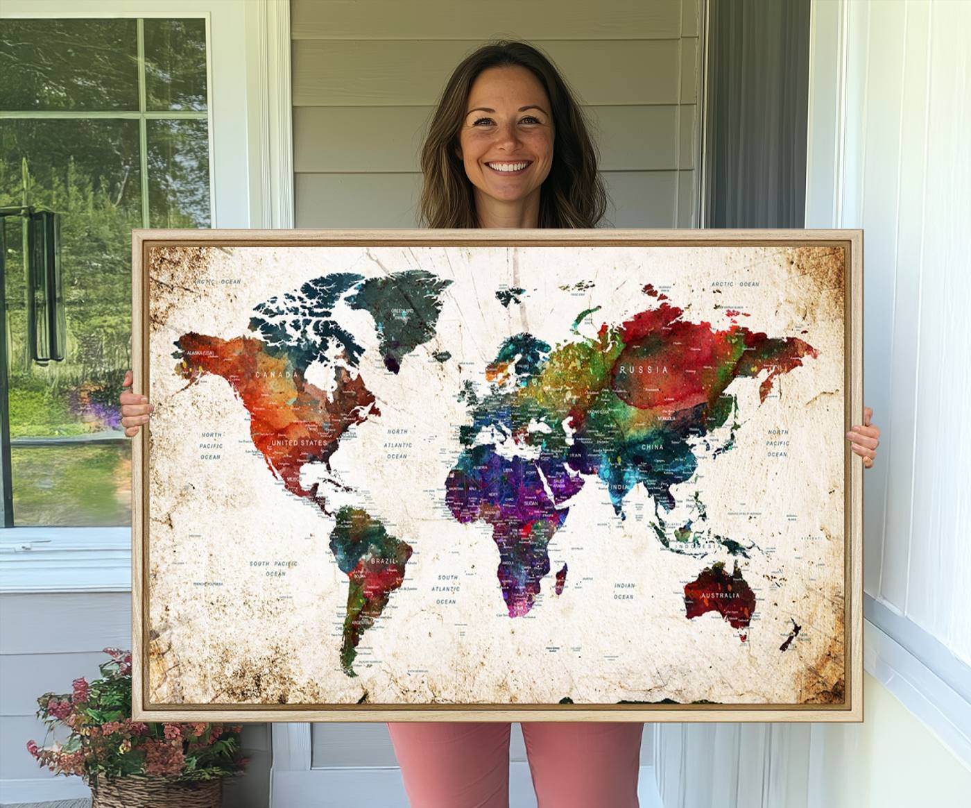 38650-MGV-CV-36X24-Colorful World Map Canvas Wall Art – Framed Watercolor World Map Print, Vibrant Travel Inspired Artwork for Home and Office Decor