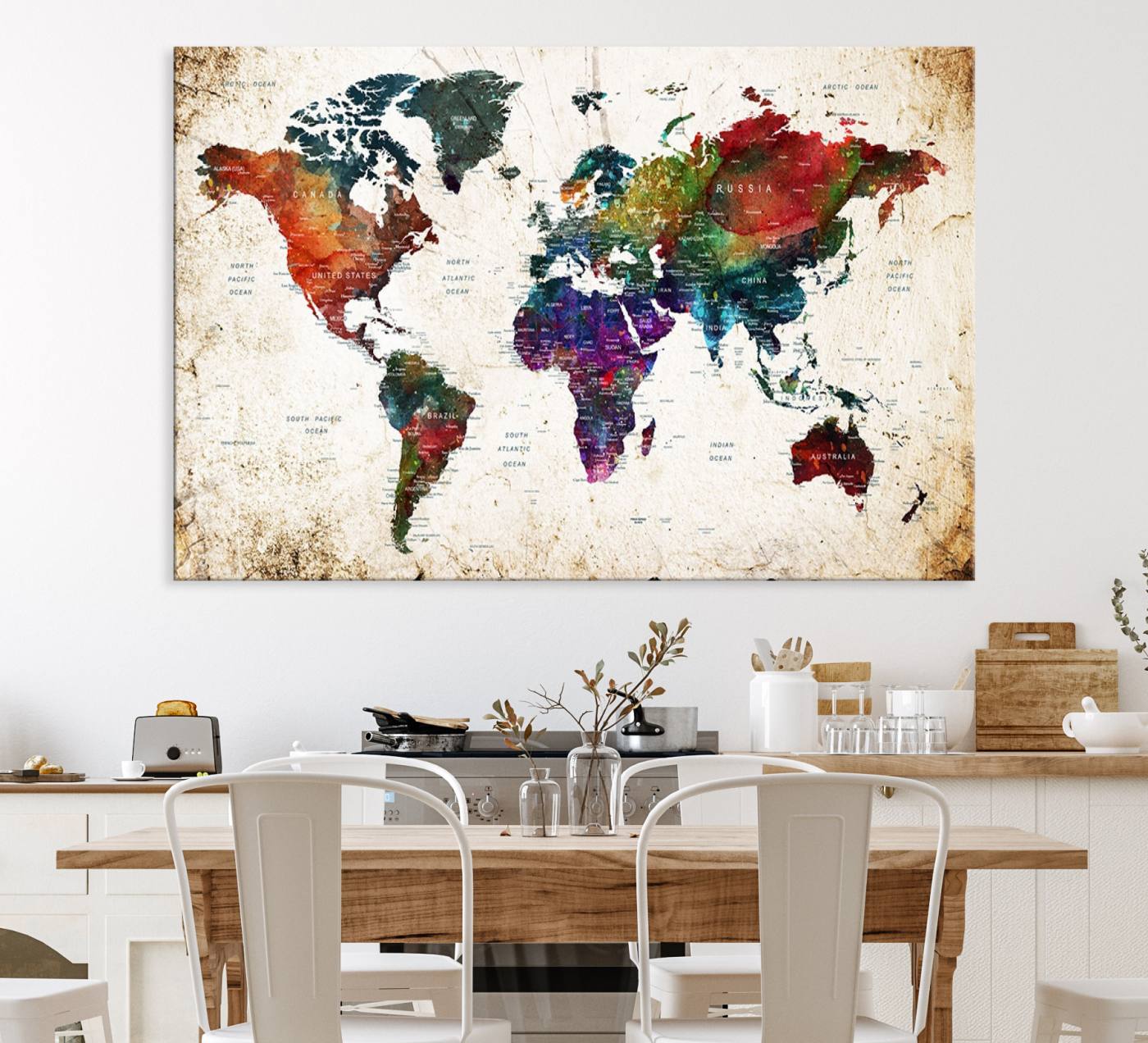 38650-MGV-CV-36X24-Colorful World Map Canvas Wall Art – Framed Watercolor World Map Print, Vibrant Travel Inspired Artwork for Home and Office Decor