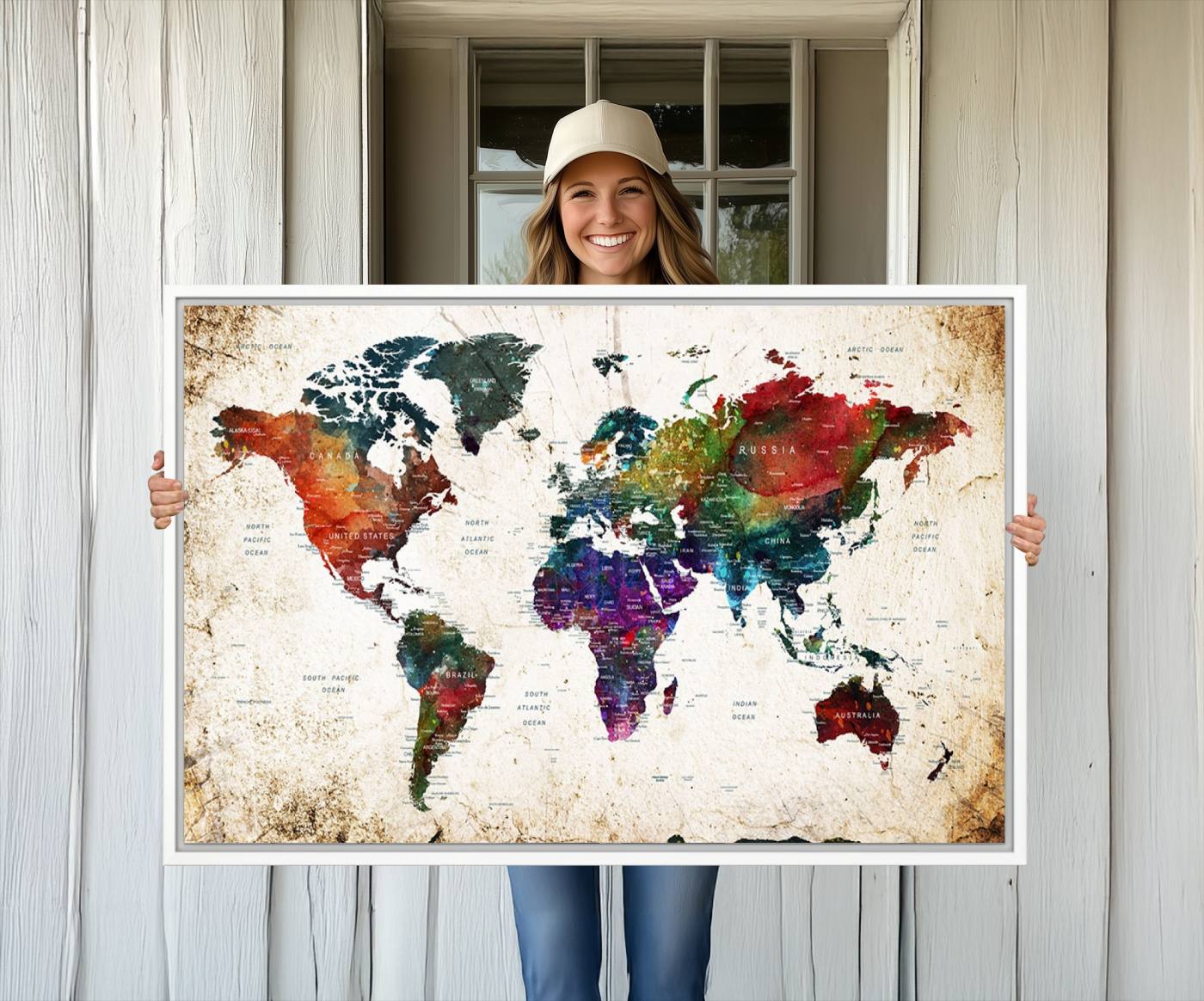 38650-MGV-CV-36X24-Colorful World Map Canvas Wall Art – Framed Watercolor World Map Print, Vibrant Travel Inspired Artwork for Home and Office Decor