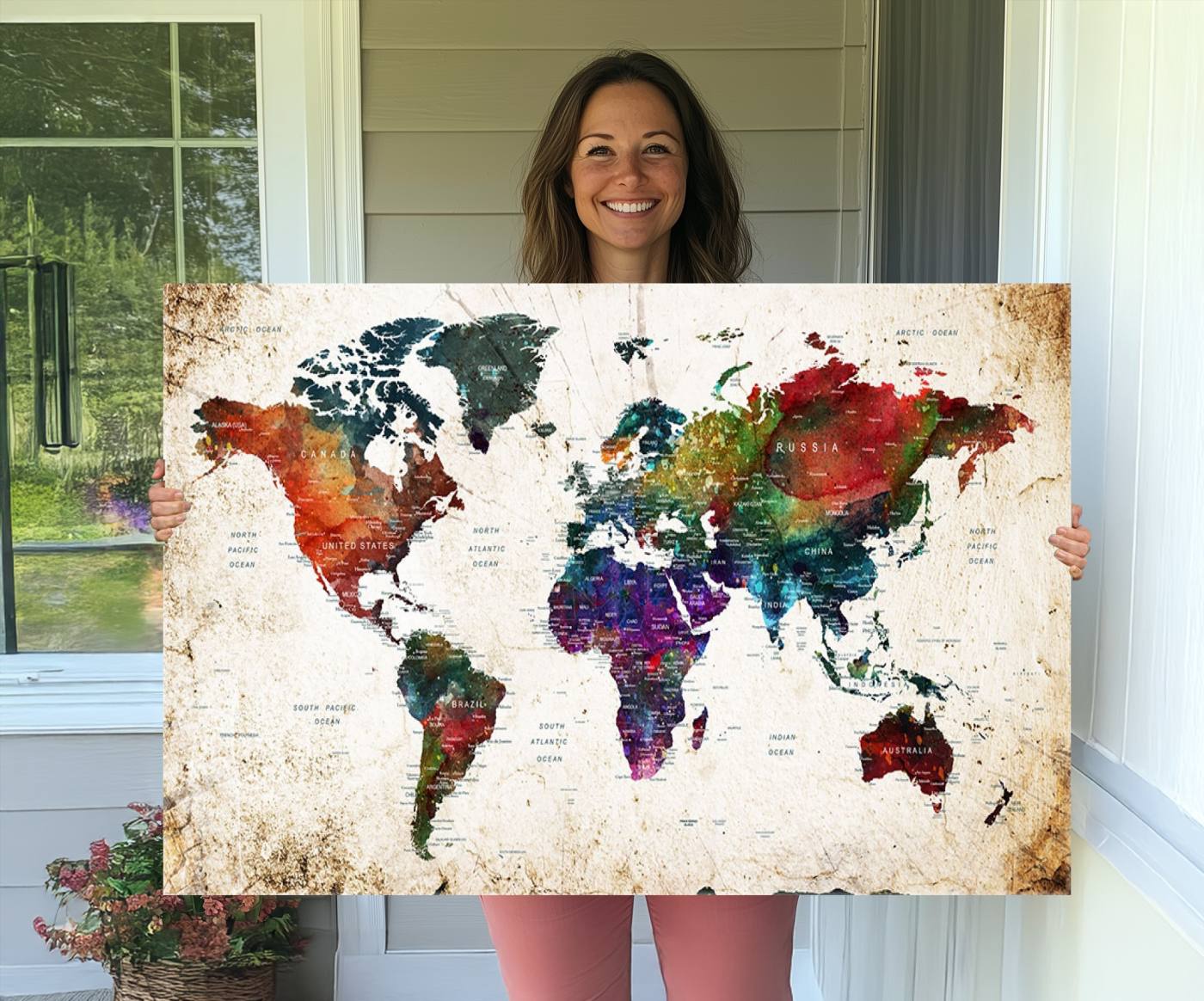 38650-MGV-CV-36X24-Colorful World Map Canvas Wall Art – Framed Watercolor World Map Print, Vibrant Travel Inspired Artwork for Home and Office Decor