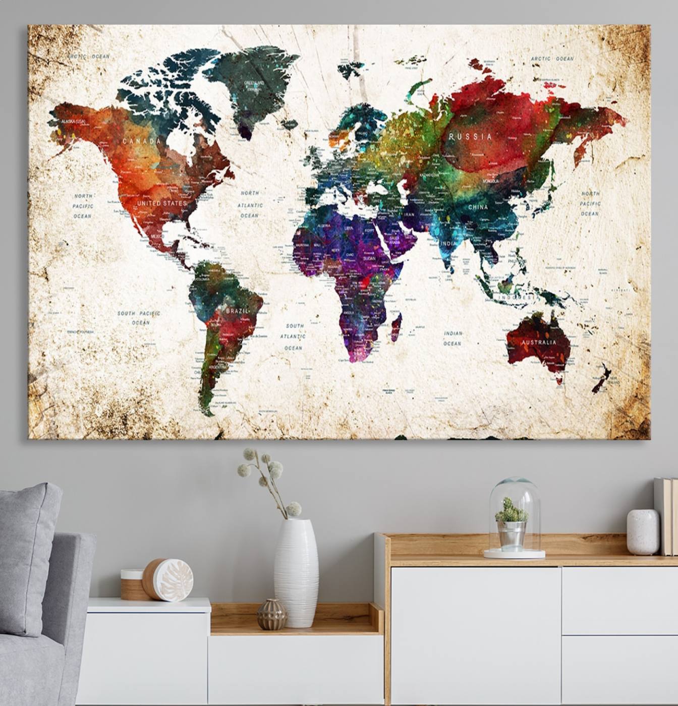 38650-MGV-CV-36X24-Colorful World Map Canvas Wall Art – Framed Watercolor World Map Print, Vibrant Travel Inspired Artwork for Home and Office Decor