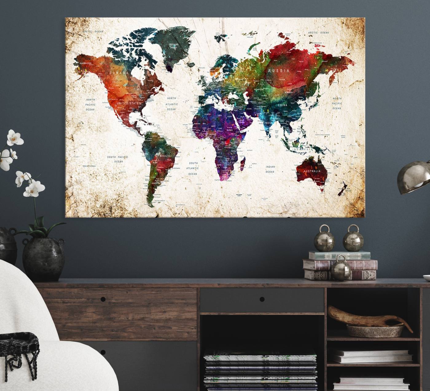 38650-MGV-CV-36X24-Colorful World Map Canvas Wall Art – Framed Watercolor World Map Print, Vibrant Travel Inspired Artwork for Home and Office Decor