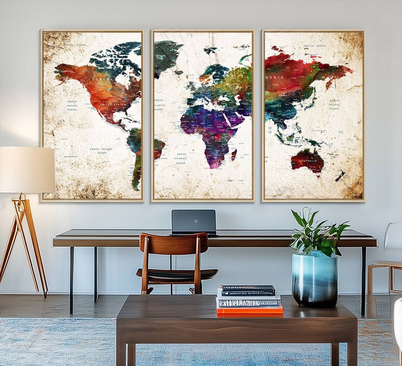 38650-MGV-FC-48X32-3P_Natural-Colorful World Map Canvas Wall Art – Framed Watercolor World Map Print, Vibrant Travel Inspired Artwork for Home and Office Decor