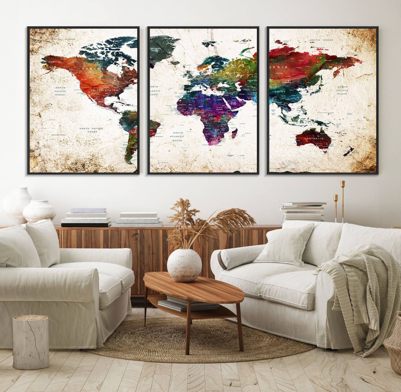 38650-MGV-FC-60X30-3P_Black-Colorful World Map Canvas Wall Art – Framed Watercolor World Map Print, Vibrant Travel Inspired Artwork for Home and Office Decor