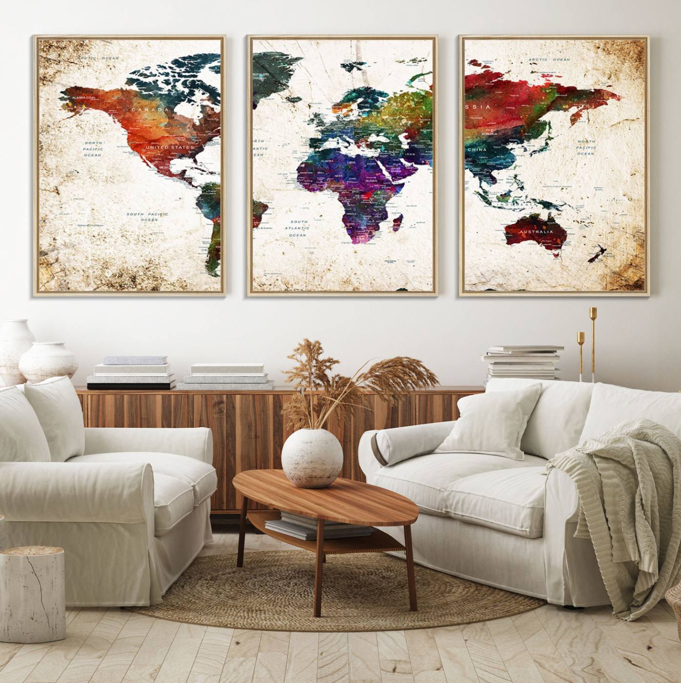 38650-MGV-FC-60X30-3P_Natural-Colorful World Map Canvas Wall Art – Framed Watercolor World Map Print, Vibrant Travel Inspired Artwork for Home and Office Decor