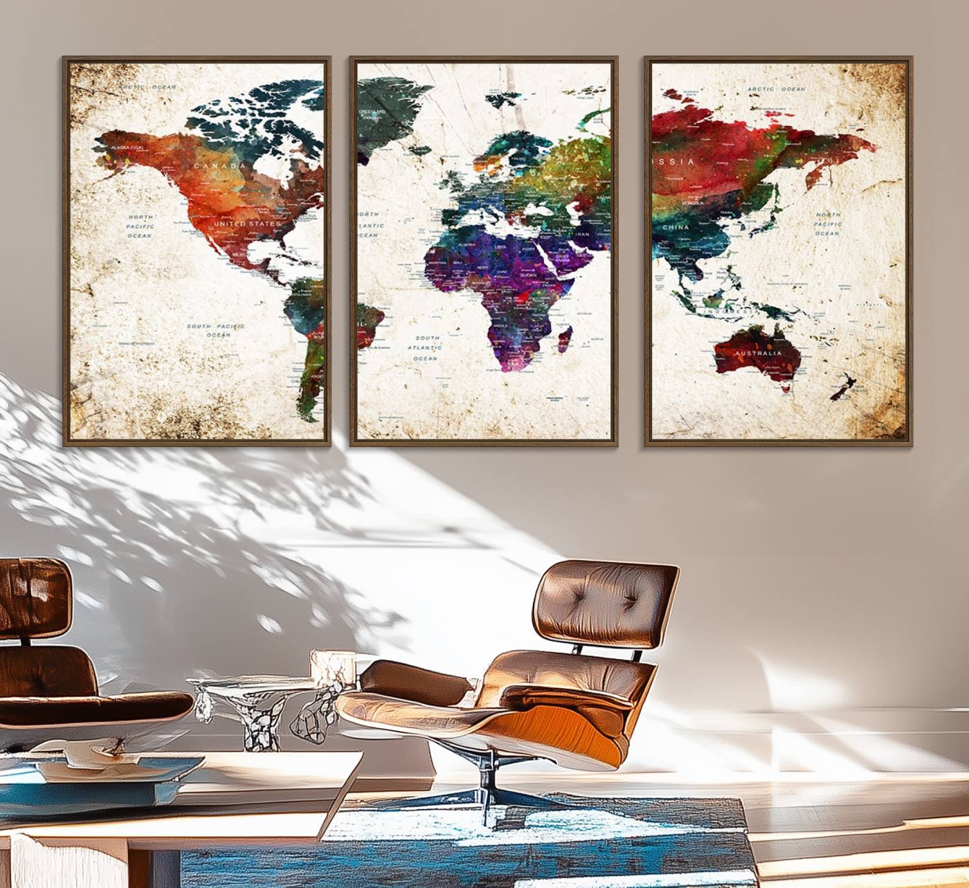 38650-MGV-FC-60X30-3P_Walnut-Colorful World Map Canvas Wall Art – Framed Watercolor World Map Print, Vibrant Travel Inspired Artwork for Home and Office Decor
