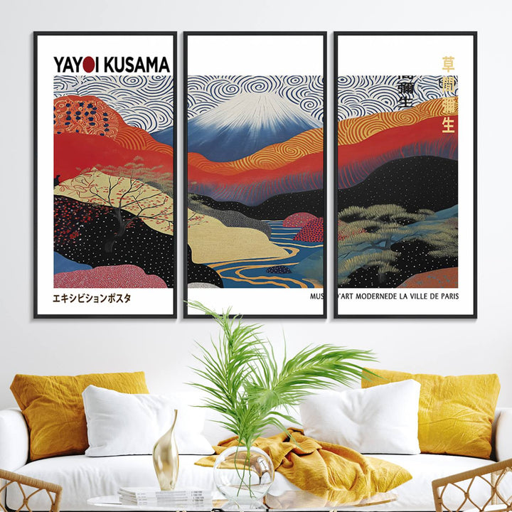 14839-MGV-FC-48X32-3P_Black-Framed Yayoi Kusama 1986 Wall Art Print – Japanese Wall Art Print, Wabi Sabi Yayoi Kusama Print - Vibrant Abstract Landscape Canvas Print