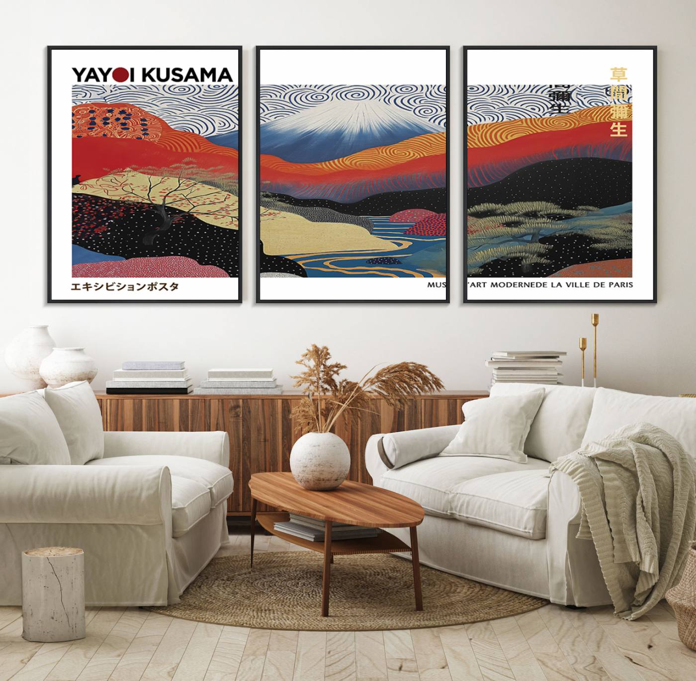 14839-MGV-FC-60X30-3P_Black-Framed Yayoi Kusama 1986 Wall Art Print – Japanese Wall Art Print, Wabi Sabi Yayoi Kusama Print - Vibrant Abstract Landscape Canvas Print