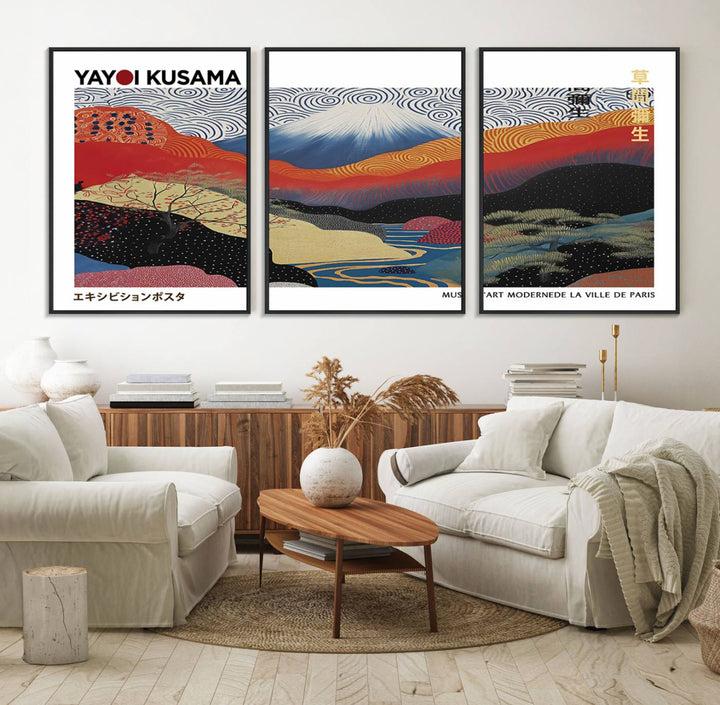 14839-MGV-FC-60X30-3P_Black-Framed Yayoi Kusama 1986 Wall Art Print – Japanese Wall Art Print, Wabi Sabi Yayoi Kusama Print - Vibrant Abstract Landscape Canvas Print