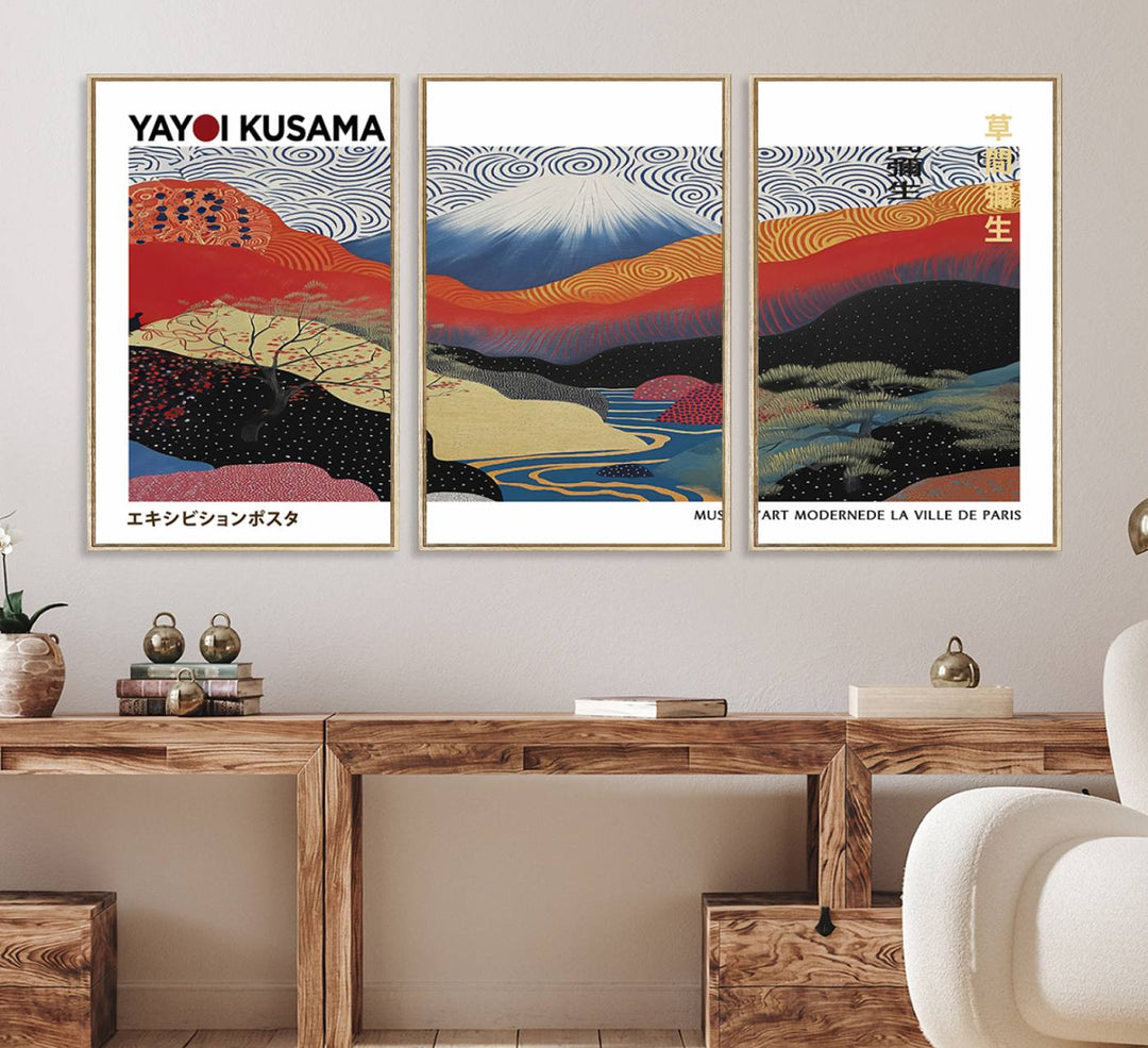 14839-MGV-FC-60X30-3P_Natural-Framed Yayoi Kusama 1986 Wall Art Print – Japanese Wall Art Print, Wabi Sabi Yayoi Kusama Print - Vibrant Abstract Landscape Canvas Print