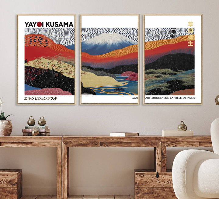 14839-MGV-FC-60X30-3P_Natural-Framed Yayoi Kusama 1986 Wall Art Print – Japanese Wall Art Print, Wabi Sabi Yayoi Kusama Print - Vibrant Abstract Landscape Canvas Print