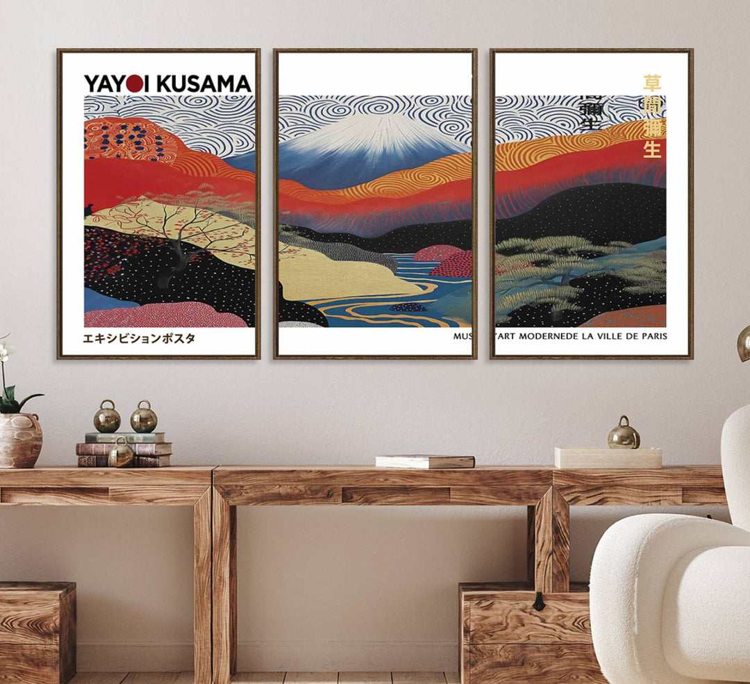 14839-MGV-FC-60X30-3P_Walnut-Framed Yayoi Kusama 1986 Wall Art Print – Japanese Wall Art Print, Wabi Sabi Yayoi Kusama Print - Vibrant Abstract Landscape Canvas Print