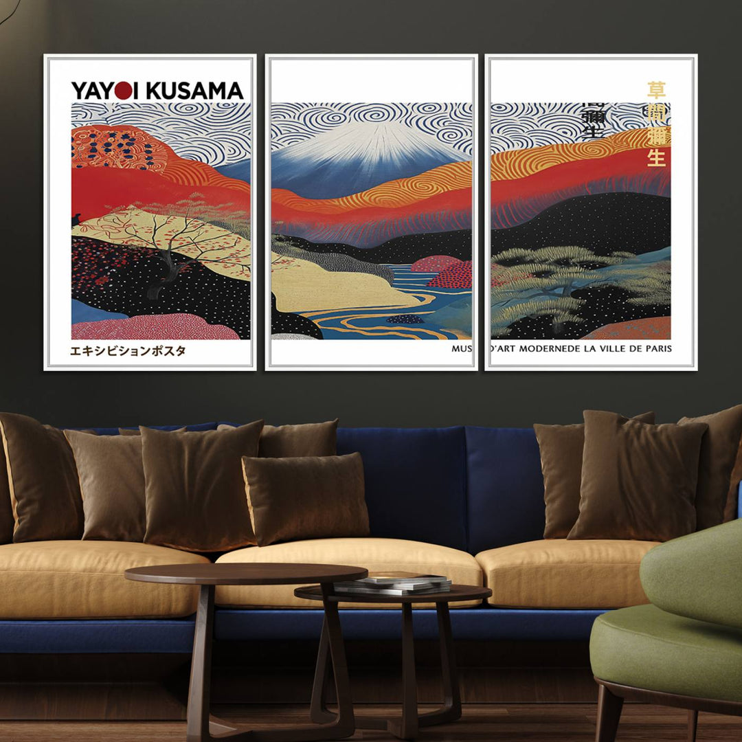 14839-MGV-FC-60X30-3P_White-Framed Yayoi Kusama 1986 Wall Art Print – Japanese Wall Art Print, Wabi Sabi Yayoi Kusama Print - Vibrant Abstract Landscape Canvas Print