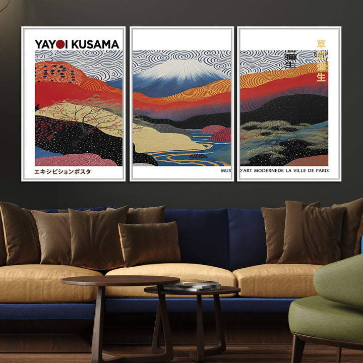 14839-MGV-FC-60X30-3P_White-Framed Yayoi Kusama 1986 Wall Art Print – Japanese Wall Art Print, Wabi Sabi Yayoi Kusama Print - Vibrant Abstract Landscape Canvas Print