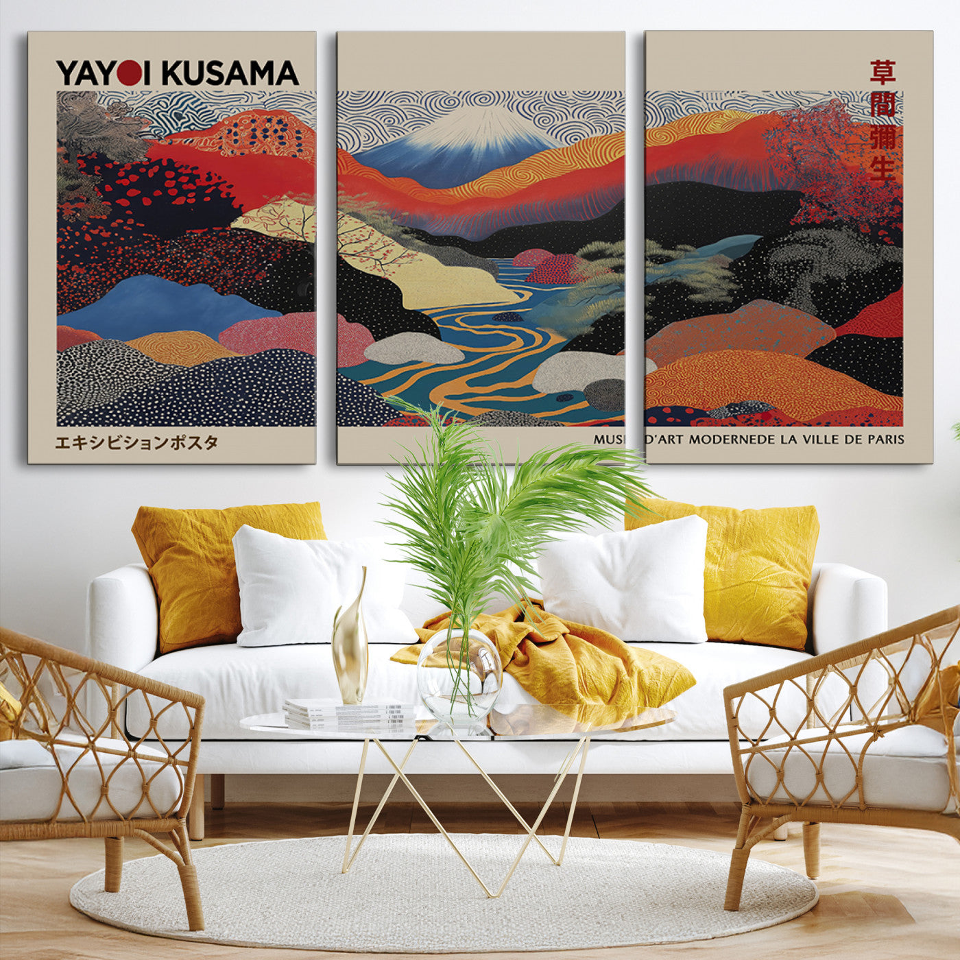 27188-MGV-CV-36X24-Framed Yayoi Kusama 1986 Wall Art Print – Japanese Wall Art Print, Wabi Sabi Yayoi Kusama Print - Vibrant Abstract Landscape Canvas Print