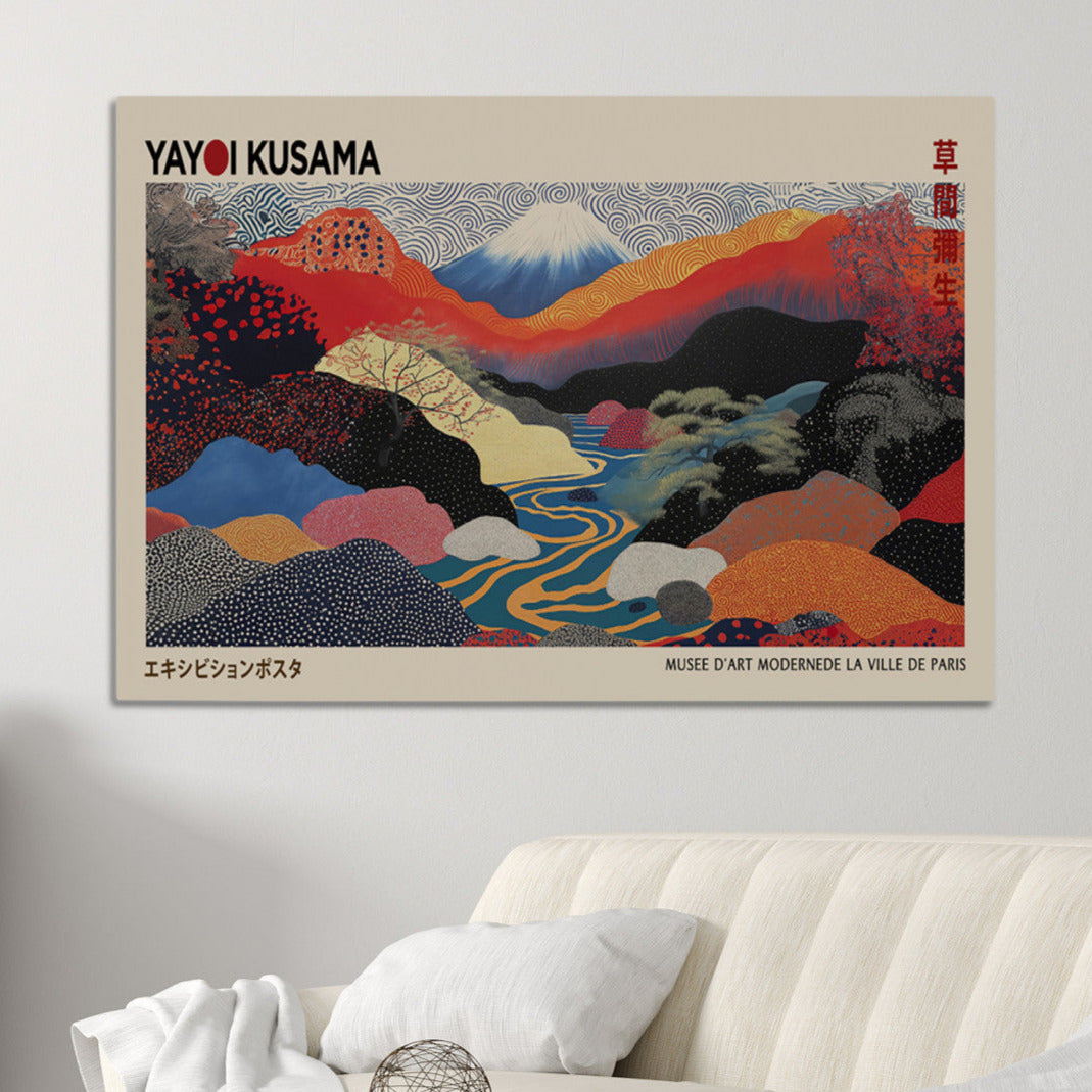 27188-MGV-CV-36X24-Framed Yayoi Kusama 1986 Wall Art Print – Japanese Wall Art Print, Wabi Sabi Yayoi Kusama Print - Vibrant Abstract Landscape Canvas Print