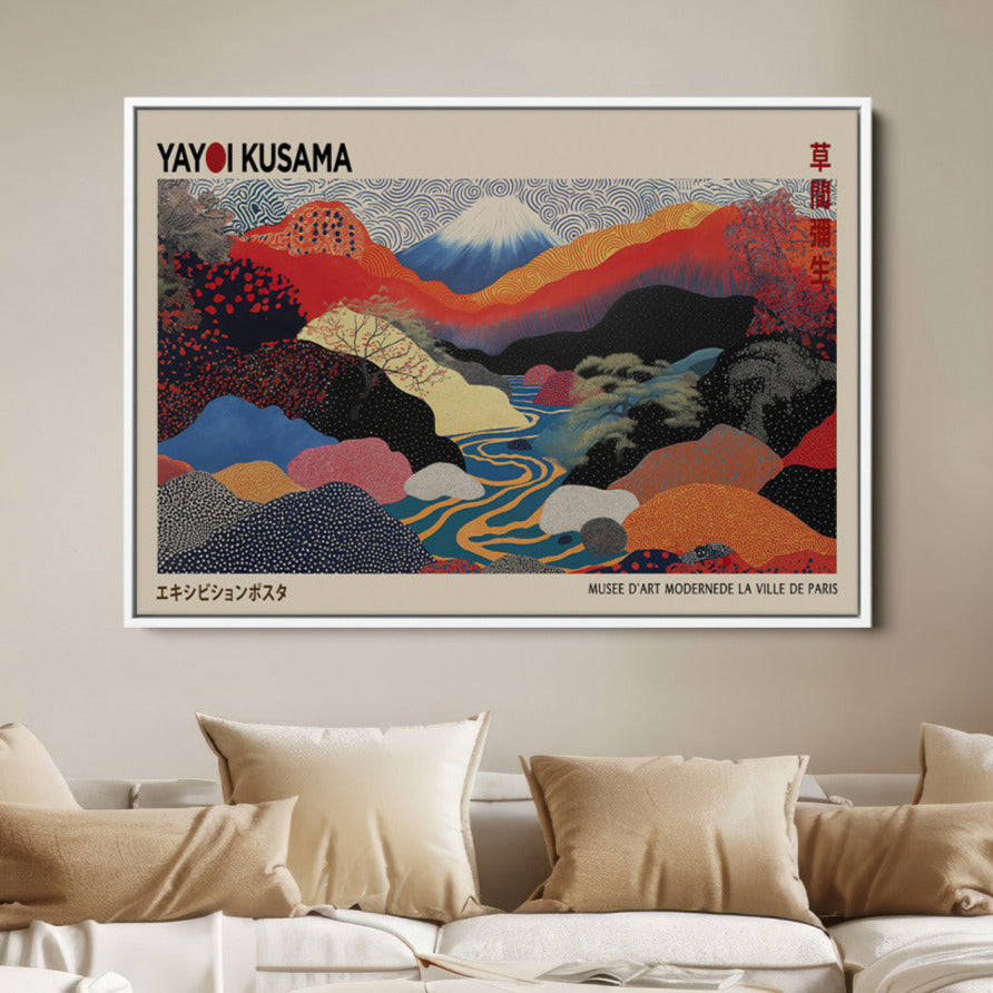 27188-MGV-FC-36X24_White-Framed Yayoi Kusama 1986 Wall Art Print – Japanese Wall Art Print, Wabi Sabi Yayoi Kusama Print - Vibrant Abstract Landscape Canvas Print