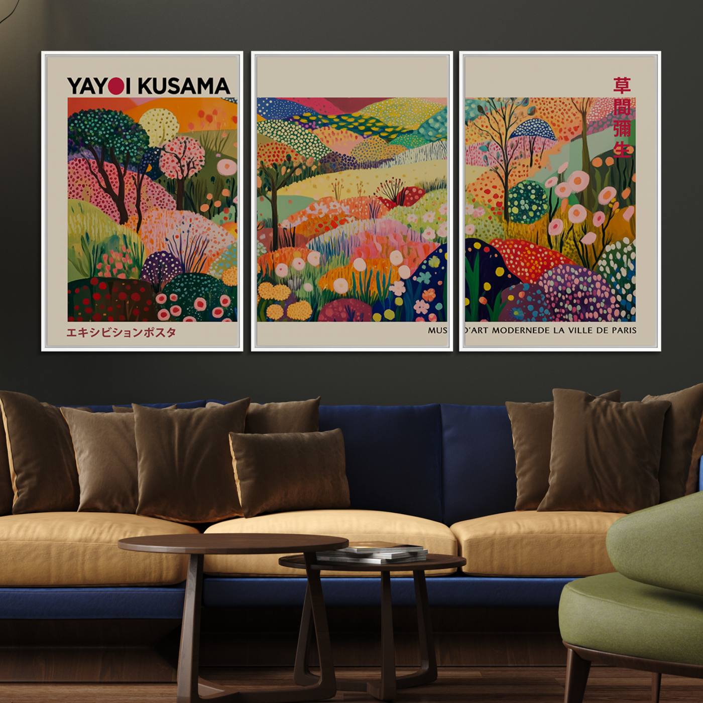 98921-MGV-FC-60X30-3P_White-Framed Yayoi Kusama 1986 Wall Art Print – Japanese Wall Art Print, Wabi Sabi Yayoi Kusama Print - Vibrant Abstract Landscape Canvas Print
