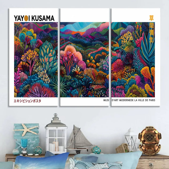 A set of three vibrant abstract landscape canvas prints, inspired by Yayoi Kusama's style and capturing a Japanese Wabi Sabi aesthetic, adorns the dark wall, creating a stunning piece of contemporary décor.