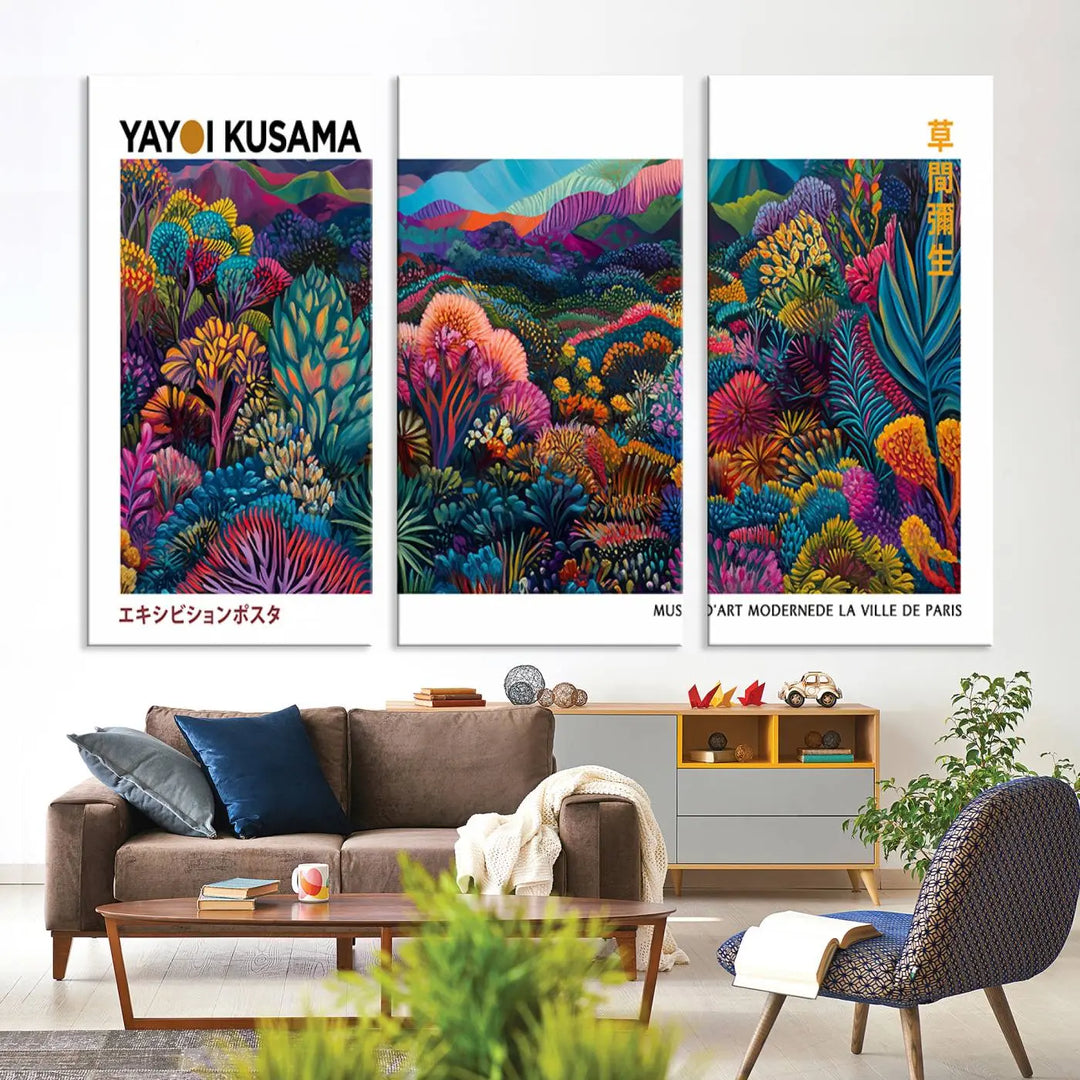 A set of three vibrant abstract landscape canvas prints, inspired by Yayoi Kusama's style and capturing a Japanese Wabi Sabi aesthetic, adorns the dark wall, creating a stunning piece of contemporary décor.