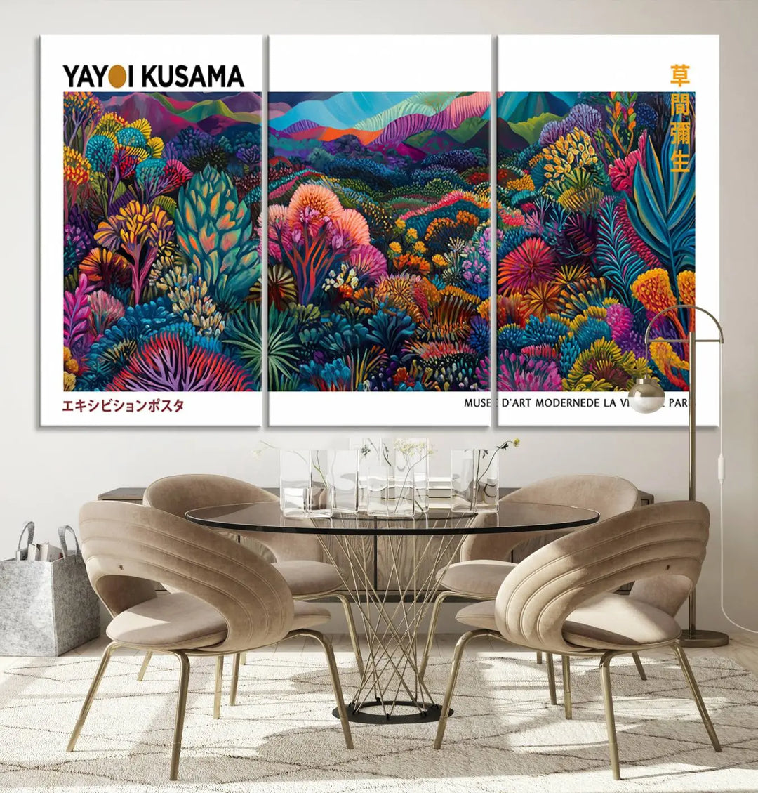 A set of three vibrant abstract landscape canvas prints, inspired by Yayoi Kusama's style and capturing a Japanese Wabi Sabi aesthetic, adorns the dark wall, creating a stunning piece of contemporary décor.