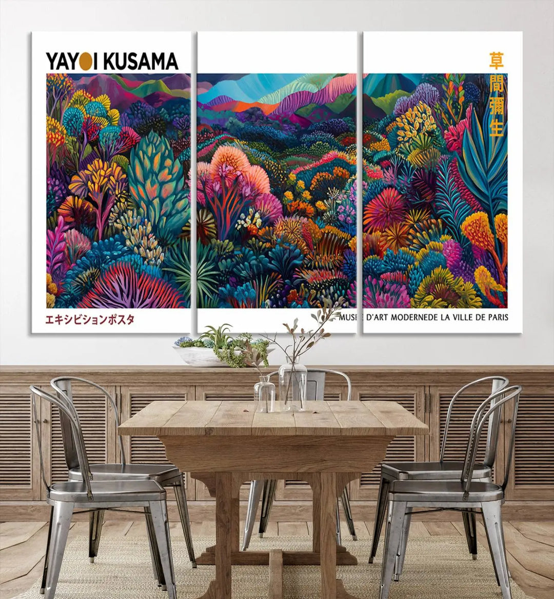 A set of three vibrant abstract landscape canvas prints, inspired by Yayoi Kusama's style and capturing a Japanese Wabi Sabi aesthetic, adorns the dark wall, creating a stunning piece of contemporary décor.