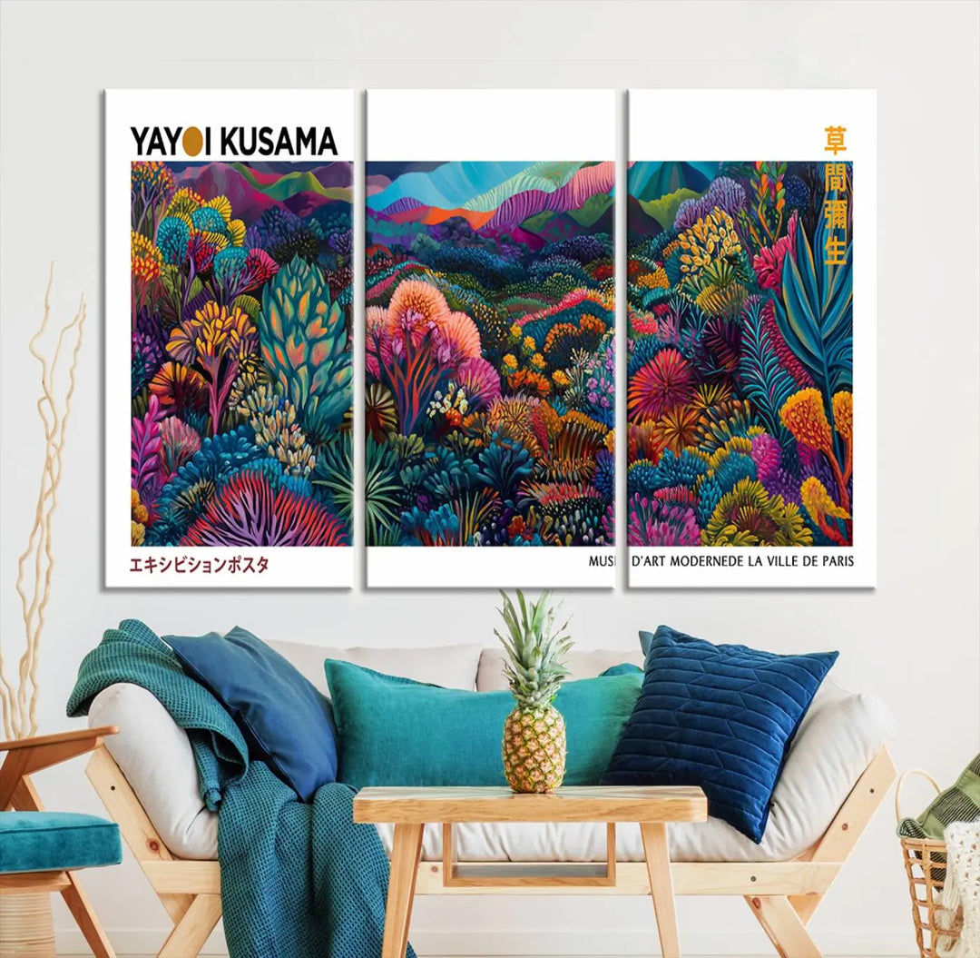 A set of three vibrant abstract landscape canvas prints, inspired by Yayoi Kusama's style and capturing a Japanese Wabi Sabi aesthetic, adorns the dark wall, creating a stunning piece of contemporary décor.