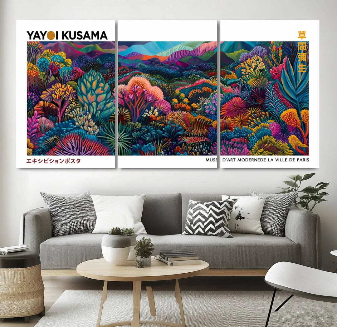 A set of three vibrant abstract landscape canvas prints, inspired by Yayoi Kusama's style and capturing a Japanese Wabi Sabi aesthetic, adorns the dark wall, creating a stunning piece of contemporary décor.