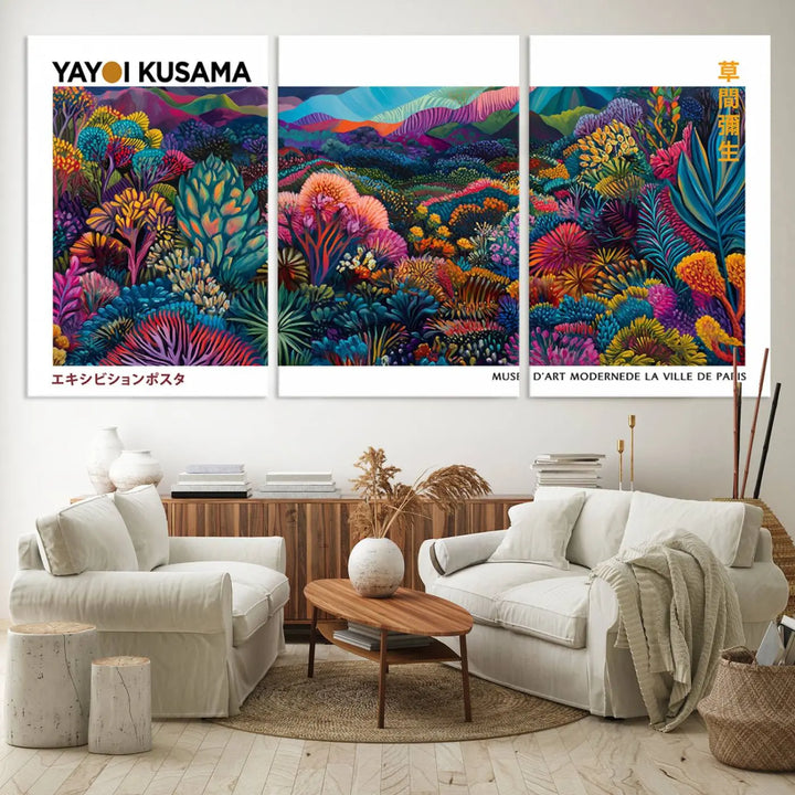 A set of three vibrant abstract landscape canvas prints, inspired by Yayoi Kusama's style and capturing a Japanese Wabi Sabi aesthetic, adorns the dark wall, creating a stunning piece of contemporary décor.