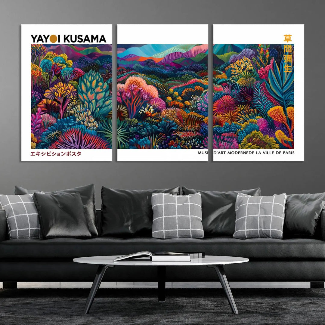 A set of three vibrant abstract landscape canvas prints, inspired by Yayoi Kusama's style and capturing a Japanese Wabi Sabi aesthetic, adorns the dark wall, creating a stunning piece of contemporary décor.