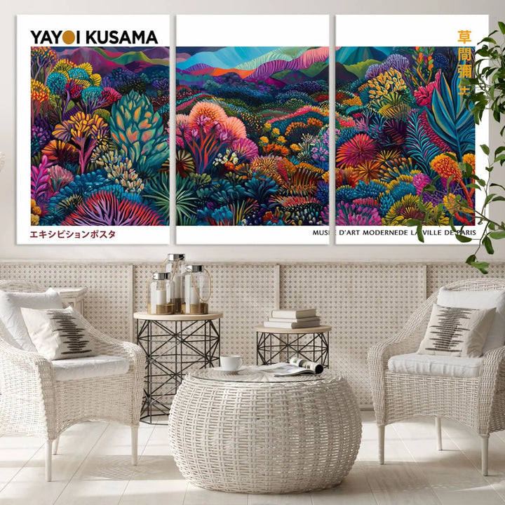 A set of three vibrant abstract landscape canvas prints, inspired by Yayoi Kusama's style and capturing a Japanese Wabi Sabi aesthetic, adorns the dark wall, creating a stunning piece of contemporary décor.