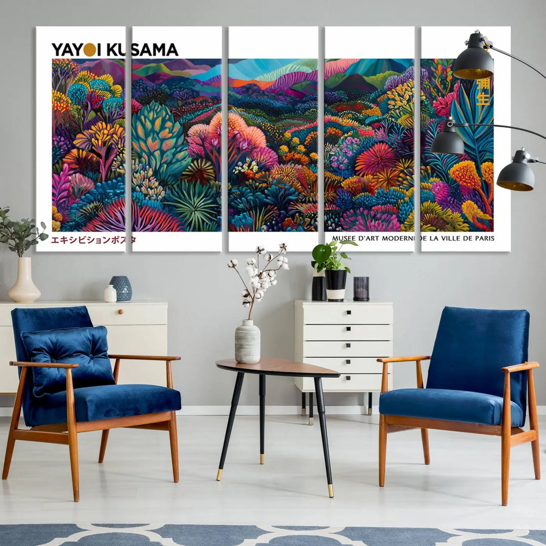 A set of three vibrant abstract landscape canvas prints, inspired by Yayoi Kusama's style and capturing a Japanese Wabi Sabi aesthetic, adorns the dark wall, creating a stunning piece of contemporary décor.