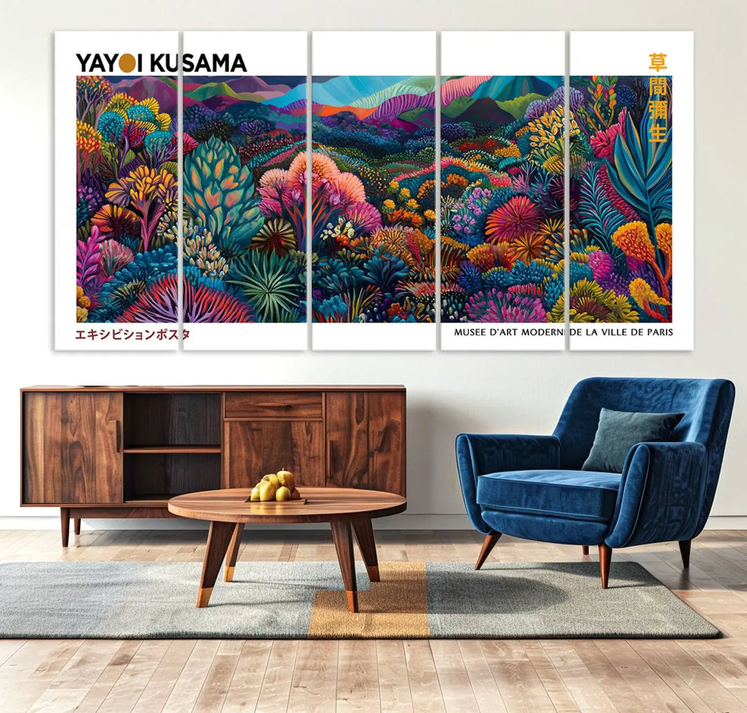 A set of three vibrant abstract landscape canvas prints, inspired by Yayoi Kusama's style and capturing a Japanese Wabi Sabi aesthetic, adorns the dark wall, creating a stunning piece of contemporary décor.