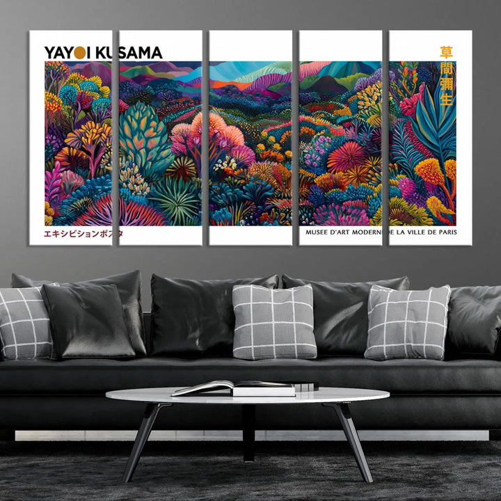 A set of three vibrant abstract landscape canvas prints, inspired by Yayoi Kusama's style and capturing a Japanese Wabi Sabi aesthetic, adorns the dark wall, creating a stunning piece of contemporary décor.