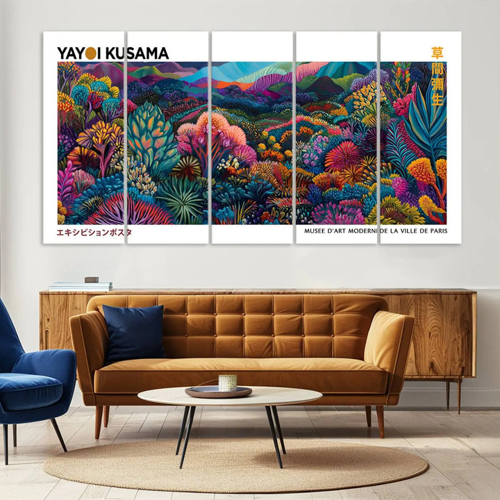 A set of three vibrant abstract landscape canvas prints, inspired by Yayoi Kusama's style and capturing a Japanese Wabi Sabi aesthetic, adorns the dark wall, creating a stunning piece of contemporary décor.