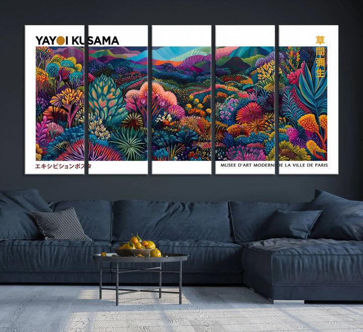 A set of three vibrant abstract landscape canvas prints, inspired by Yayoi Kusama's style and capturing a Japanese Wabi Sabi aesthetic, adorns the dark wall, creating a stunning piece of contemporary décor.