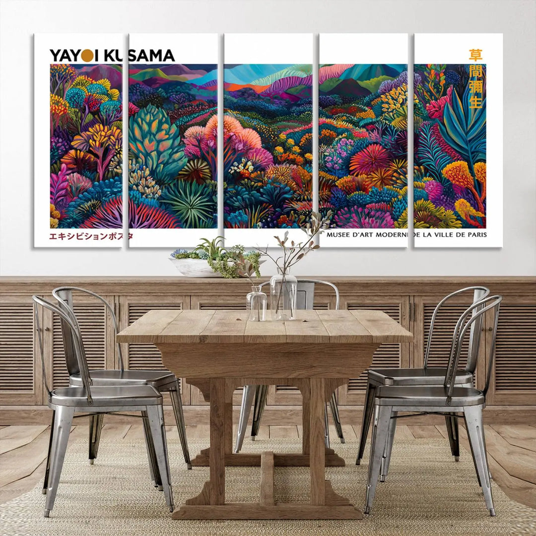 A set of three vibrant abstract landscape canvas prints, inspired by Yayoi Kusama's style and capturing a Japanese Wabi Sabi aesthetic, adorns the dark wall, creating a stunning piece of contemporary décor.