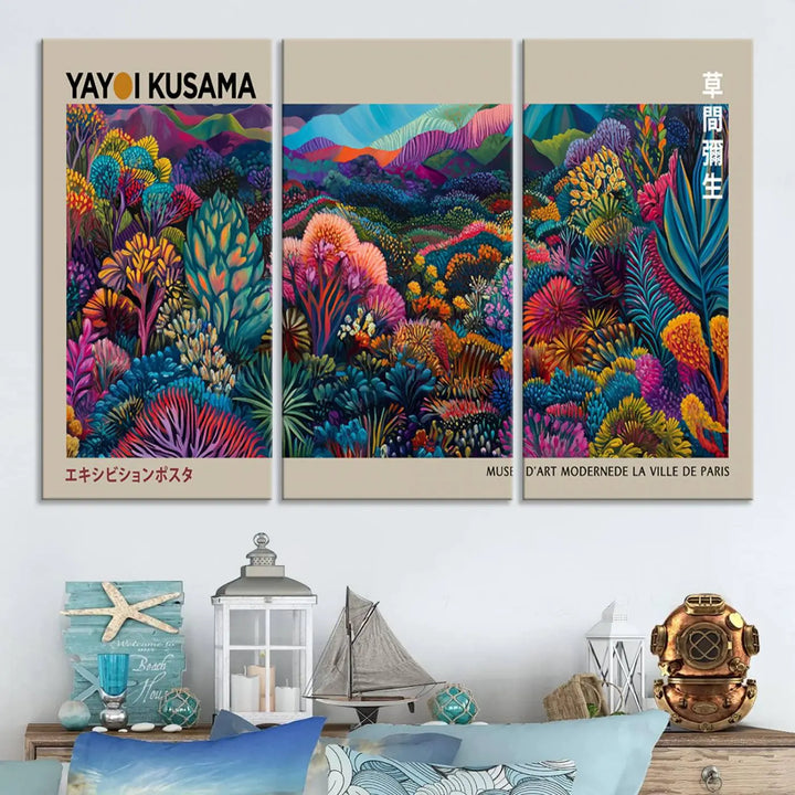 A stunning wall art print featuring Yayoi Kusama's 1986 abstract landscape hangs prominently, seamlessly incorporating elements of Japanese wabi-sabi into the contemporary space.