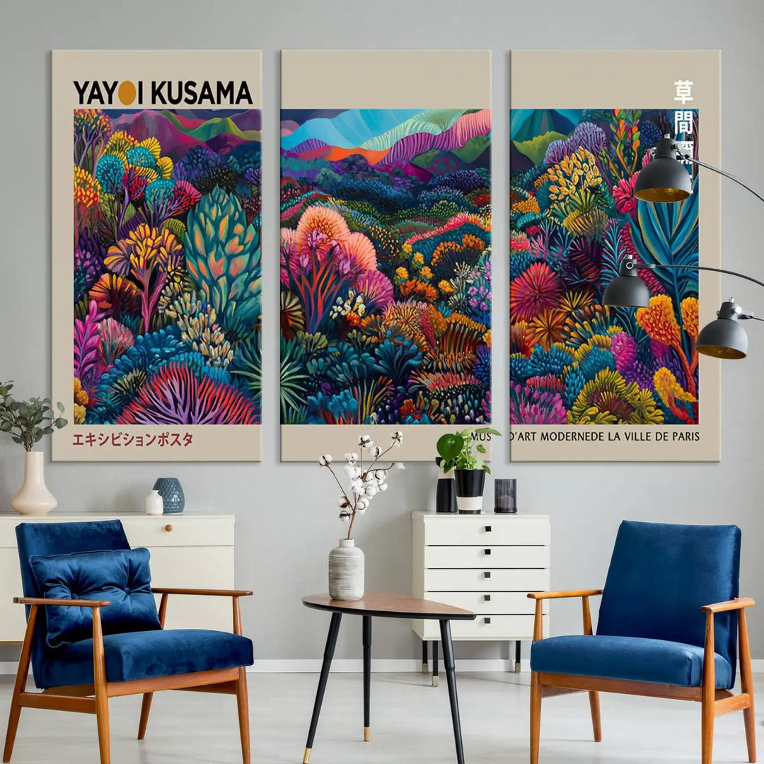 A stunning wall art print featuring Yayoi Kusama's 1986 abstract landscape hangs prominently, seamlessly incorporating elements of Japanese wabi-sabi into the contemporary space.