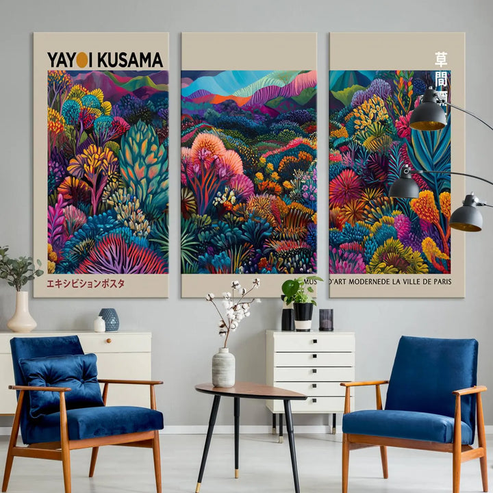 A stunning wall art print featuring Yayoi Kusama's 1986 abstract landscape hangs prominently, seamlessly incorporating elements of Japanese wabi-sabi into the contemporary space.