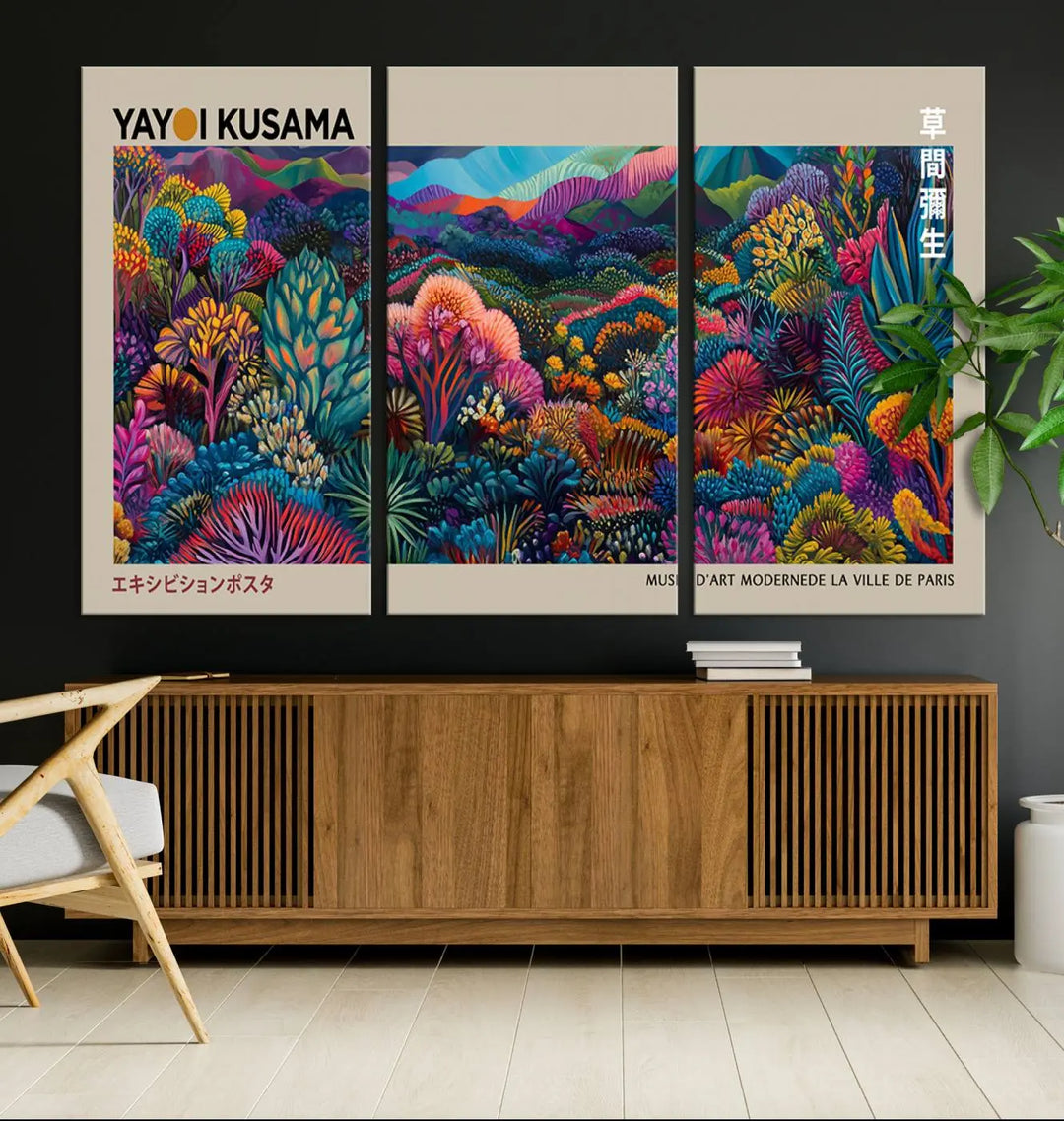 A stunning wall art print featuring Yayoi Kusama's 1986 abstract landscape hangs prominently, seamlessly incorporating elements of Japanese wabi-sabi into the contemporary space.