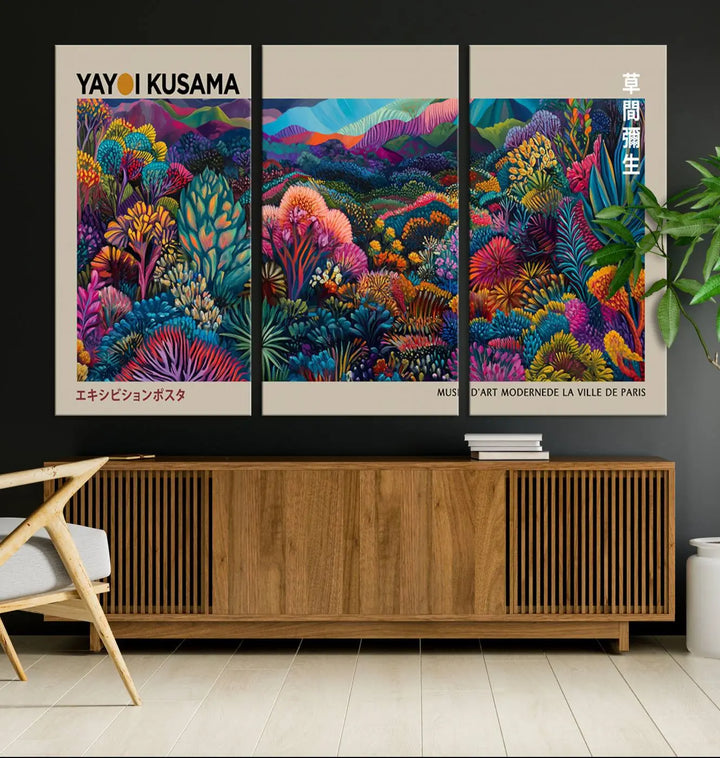 A stunning wall art print featuring Yayoi Kusama's 1986 abstract landscape hangs prominently, seamlessly incorporating elements of Japanese wabi-sabi into the contemporary space.