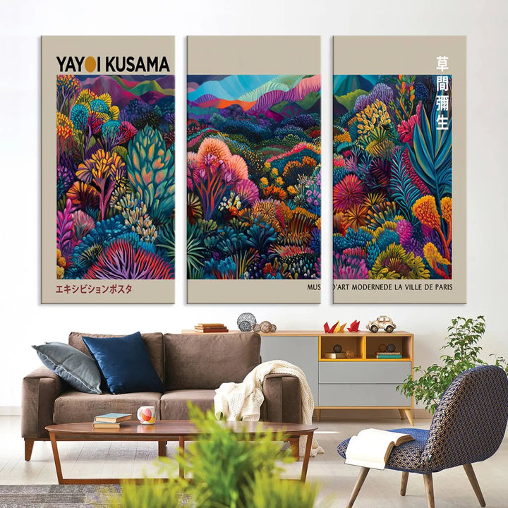 A stunning wall art print featuring Yayoi Kusama's 1986 abstract landscape hangs prominently, seamlessly incorporating elements of Japanese wabi-sabi into the contemporary space.