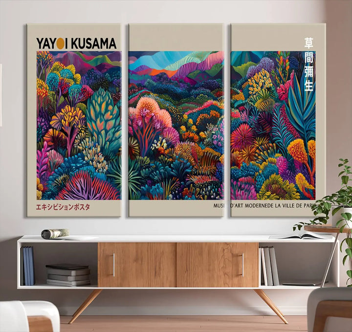 A stunning wall art print featuring Yayoi Kusama's 1986 abstract landscape hangs prominently, seamlessly incorporating elements of Japanese wabi-sabi into the contemporary space.