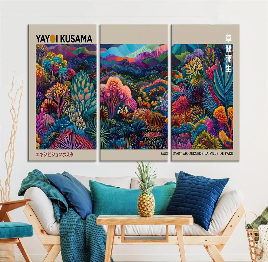 A stunning wall art print featuring Yayoi Kusama's 1986 abstract landscape hangs prominently, seamlessly incorporating elements of Japanese wabi-sabi into the contemporary space.