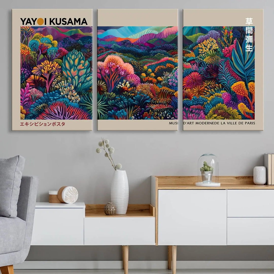 A stunning wall art print featuring Yayoi Kusama's 1986 abstract landscape hangs prominently, seamlessly incorporating elements of Japanese wabi-sabi into the contemporary space.