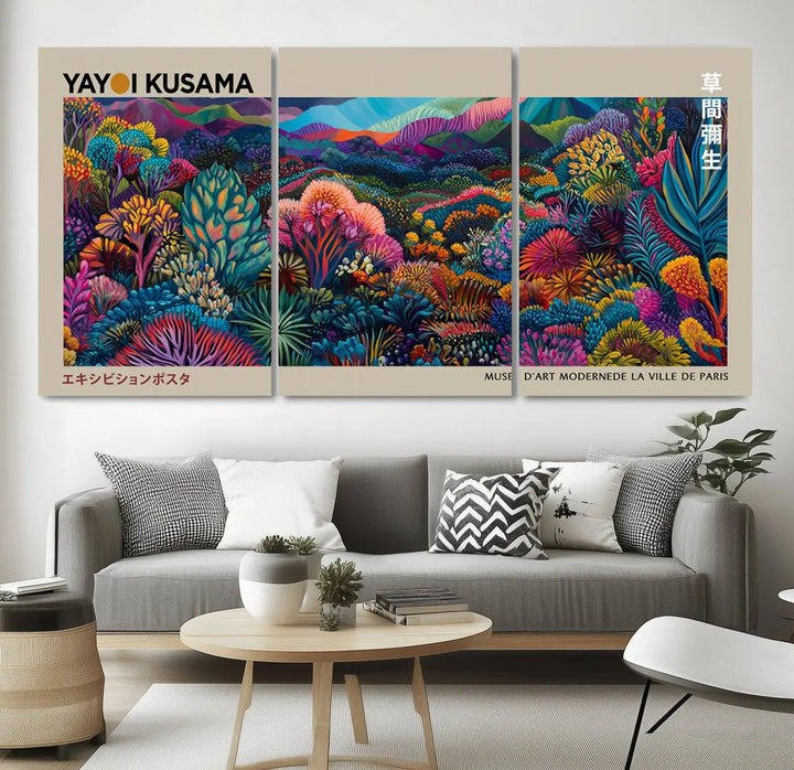 A stunning wall art print featuring Yayoi Kusama's 1986 abstract landscape hangs prominently, seamlessly incorporating elements of Japanese wabi-sabi into the contemporary space.